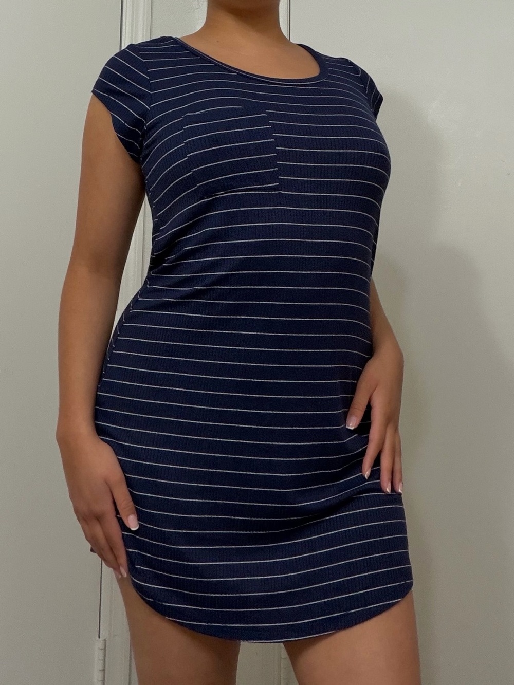 Nicole Miller Navy and White Striped Short Sleeve Shift Dress